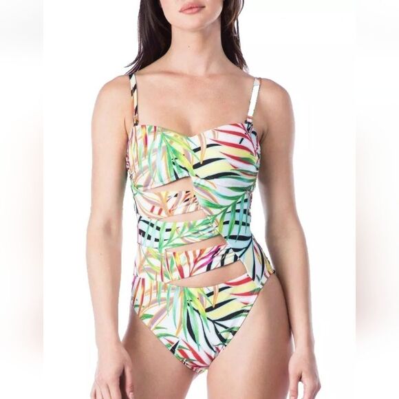 Kenneth Cole M Exotic Palm Cutout Bandeau Swimsuit sz Med - Picture 1 of 10